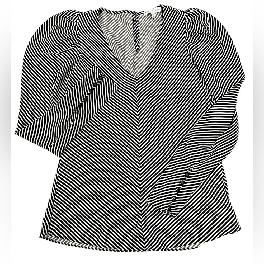 Maison d'Amelie Paris‎ Striped V Neck Blouse Puff Sleeve Top, Size Small